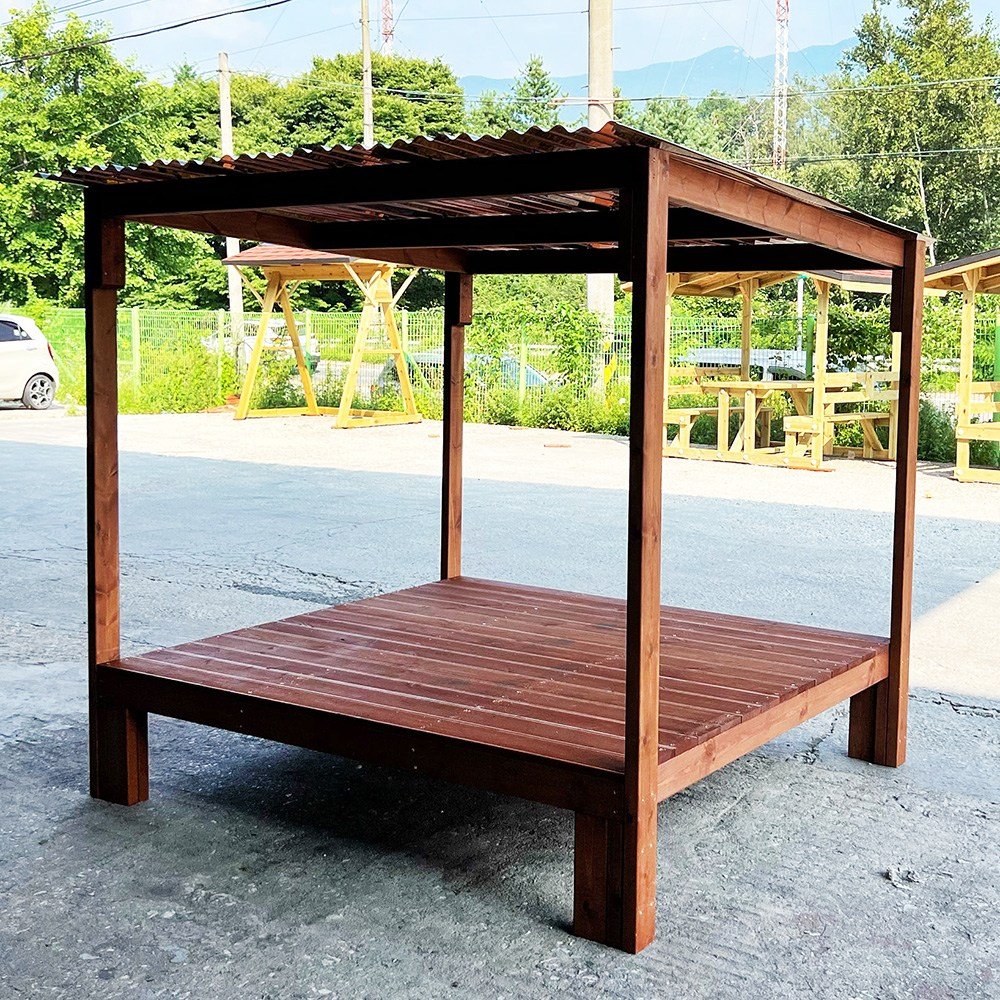 [자연쉼터] 지붕형 6자 평상 골판-경사형 야외 원목 평상마루, a)방부목 무도색(도색X) 상세 이미지 1