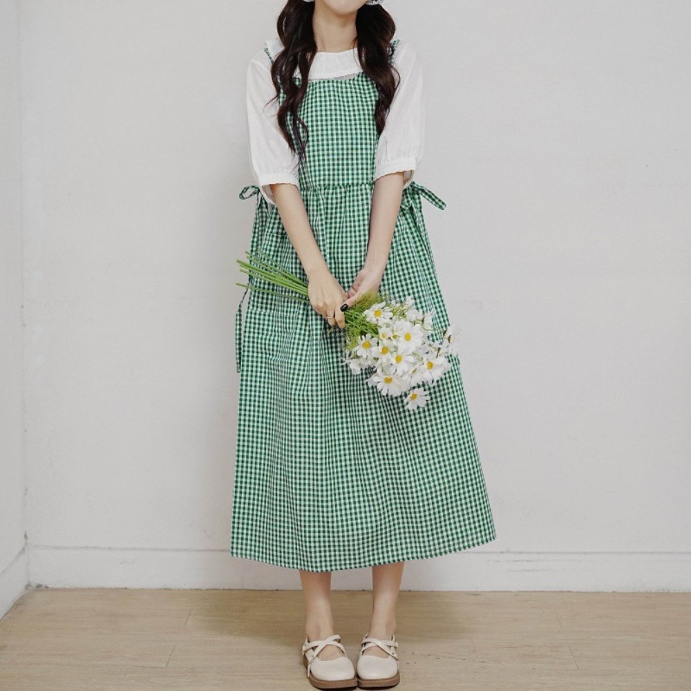 파키즈 원피스 어린이집 주방 카페 앞치마 체크 롱, 그린, 1개쿠폰할인 상세 이미지 2