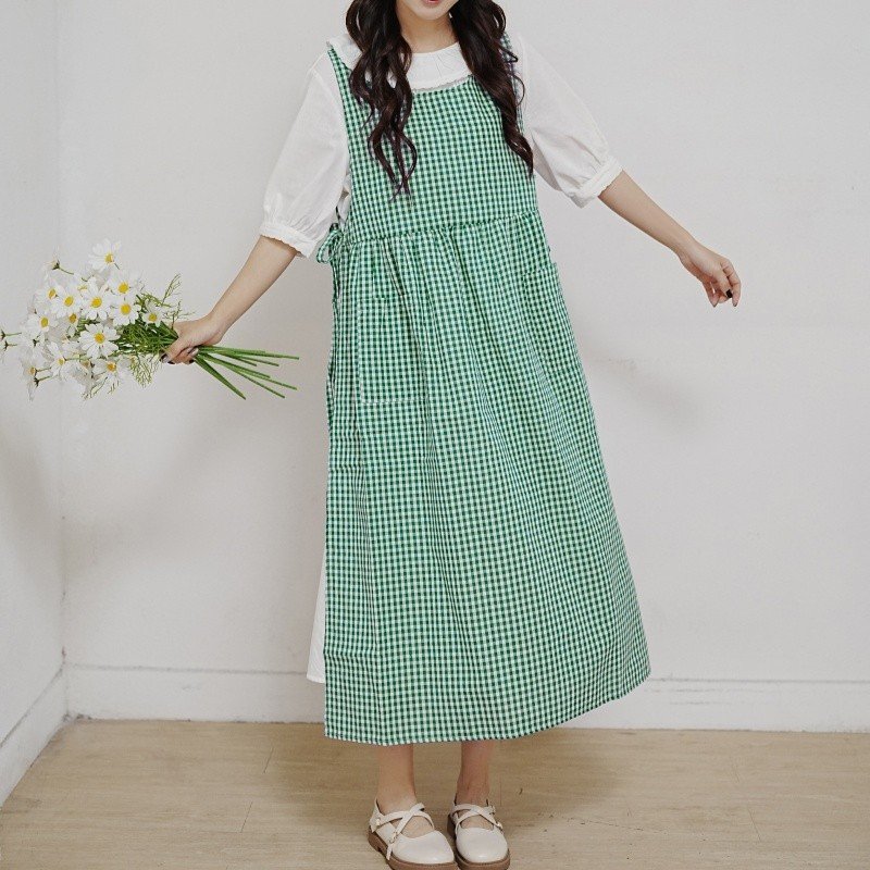 파키즈 원피스 어린이집 주방 카페 앞치마 체크 롱, 그린, 1개쿠폰할인 상세 이미지 2